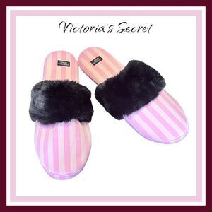 Victoria's Secret Signature Satin Slippers Pink Stripe with Faux Fur - NWOT